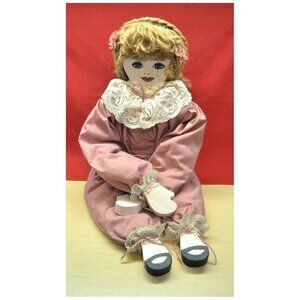 Hand Made Wood and Pink Dress Fabric Doll by Artist Davie Burleigh Vintage ~29"
